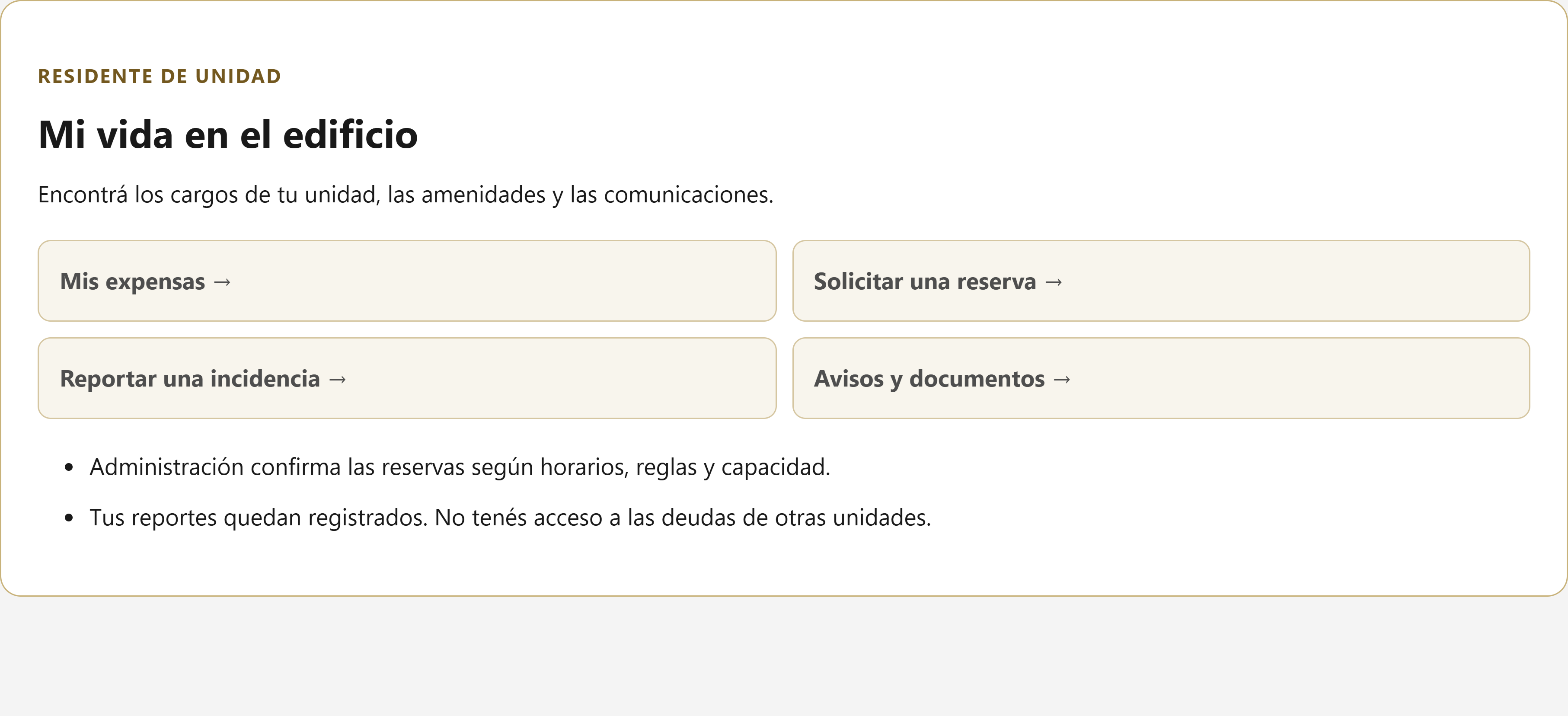 Captura real de la vista de Inquilino / residente en el módulo de edificios con datos de demostración
